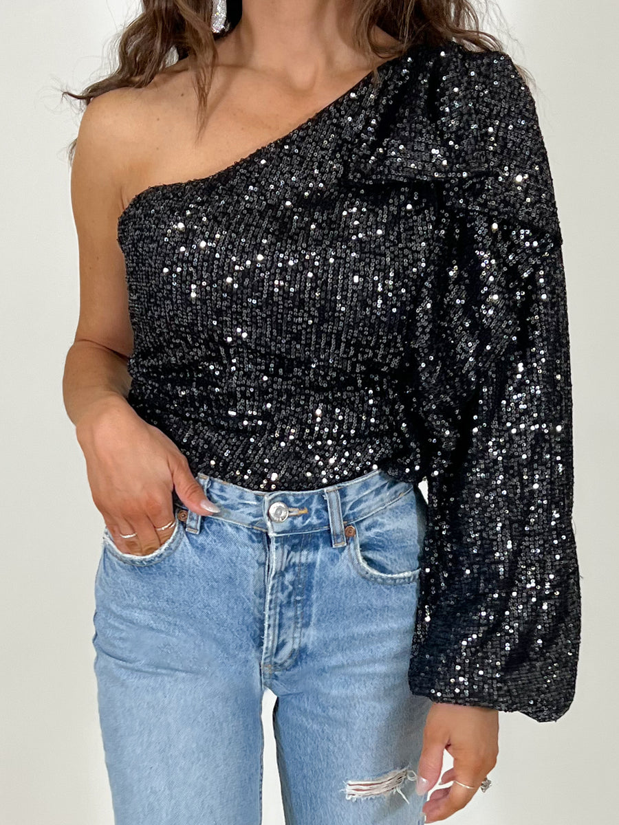 Black sequin one shoulder top new arrivals