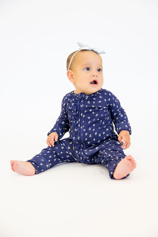 Bamboo Pointelle Ruffle Zippy | Navy | Tiny Talulah