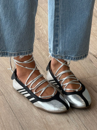 Triple Pointe Lace-Up Ballet Flats | Silver