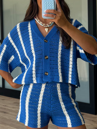 Sun Ray Open Knit Button Top | Blue/White