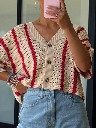 Sun Ray Open Knit Button Top | Red Stripe