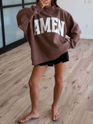 "WWJD/AMEN" Mock Neck Sweatshirt | Chocolate