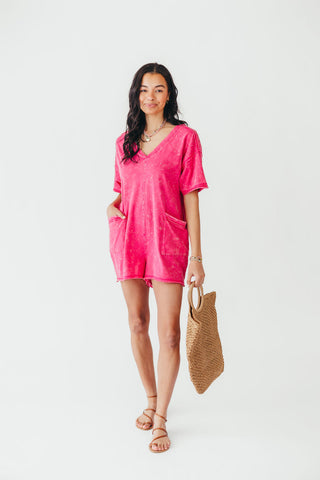 Mineral Wash Casual Romper | Hot Pink