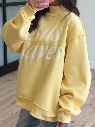 "Jesus Saves" Mock Neck Sweatshirt | Canary