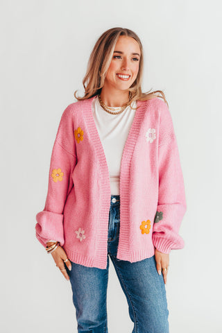 Flower Embroidered Knit Cardigan | Pink