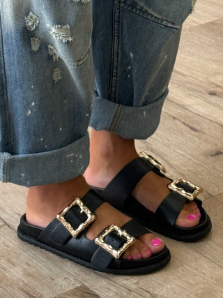 Bamboo Buckle Slides | Black | FINAL SALE