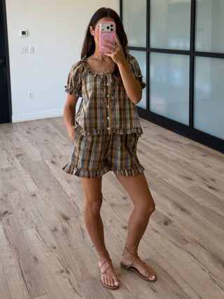 Saddlewood Plaid Puff Sleeve Top