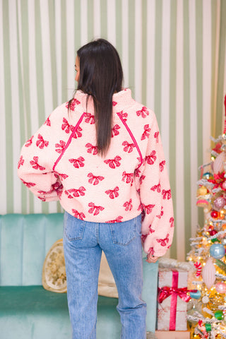 Teddy Half-Zip Pullover | Pink Bow