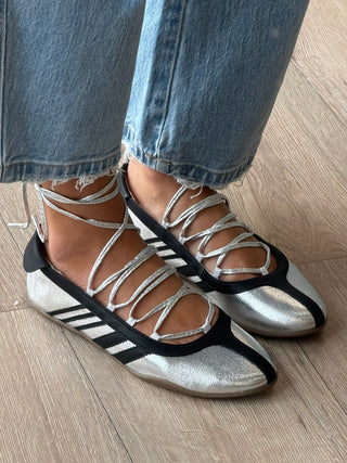 Triple Pointe Lace-Up Ballet Flats | Silver