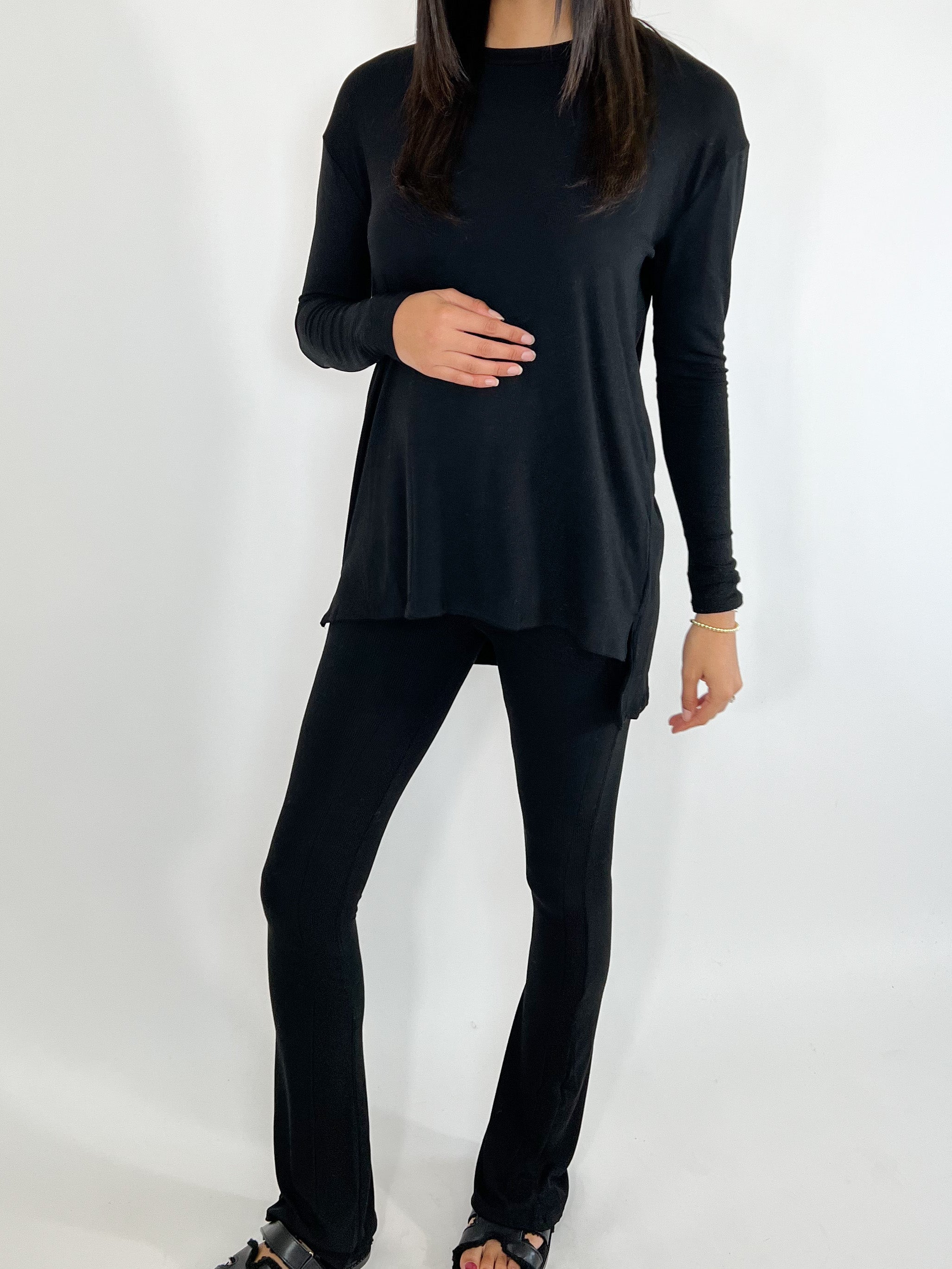 Mia Ribbed Long Sleeve + Flares Set | Black | +Plus Available