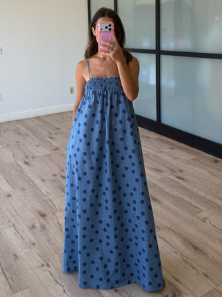 Kaci Polka Dot Maxi Dress | Dusty Blue