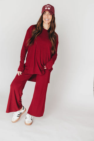 Ally Long Sleeve + Cropped Pants Set | Burgundy | +Plus Available