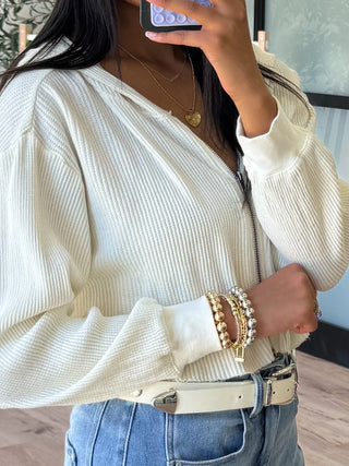 Waffle Knit Crop Zip-Up | Ivory