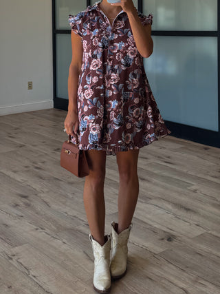 Denim Flutter Dress | Mocha Floral