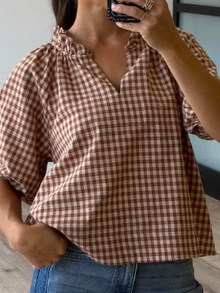 Bodhi Plaid V-Neck Blouse | Caramel