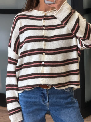 Isla Varsity Stripe Cardigan | Ivory Cocoa
