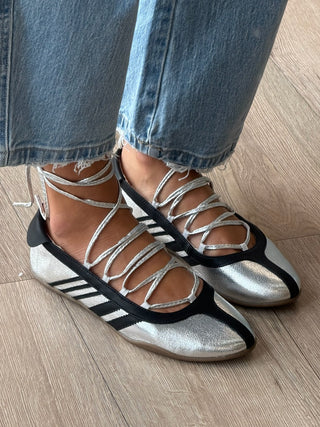 Triple Pointe Lace-Up Ballet Flats | Silver