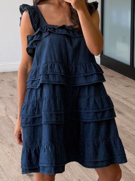 madewell denim ruffle dress Denim Ruffle-Yoke Babydoll Dress in Lunar Wash