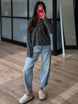 Polka Dot Button Front Top | Charcoal