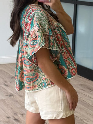 Avery Gathered Flutter Top | Paisley Desert