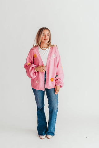 Flower Embroidered Knit Cardigan | Pink