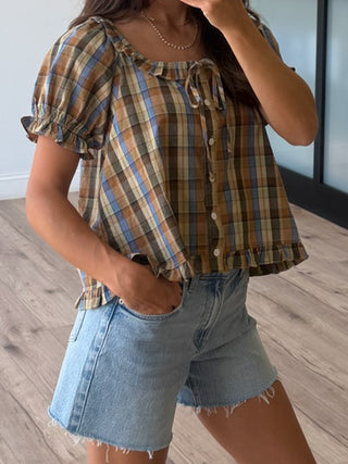 Saddlewood Plaid Puff Sleeve Top