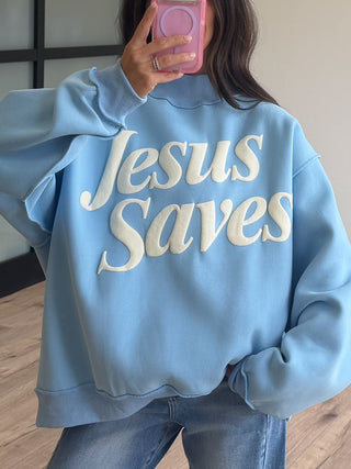 "Jesus Saves" Mock Neck Sweatshirt | Sky