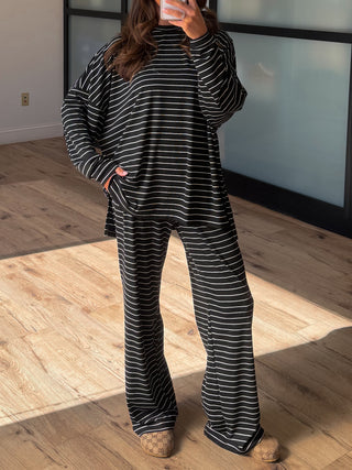 Homebody Stripe Ribbed Set | Black | +Plus Available | PREORDER