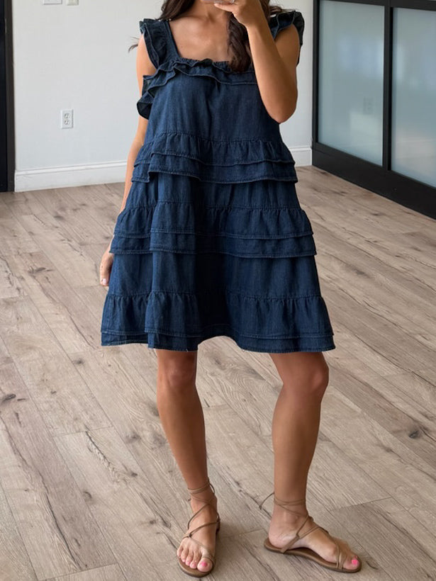 denim dress with ruffles SweatyRocks Women's Cap Sleeve V Neck Button Front Dress A Line Ruffle Hem Denim Short Dresses Medium Wash S at Amazon Women's Clothing store