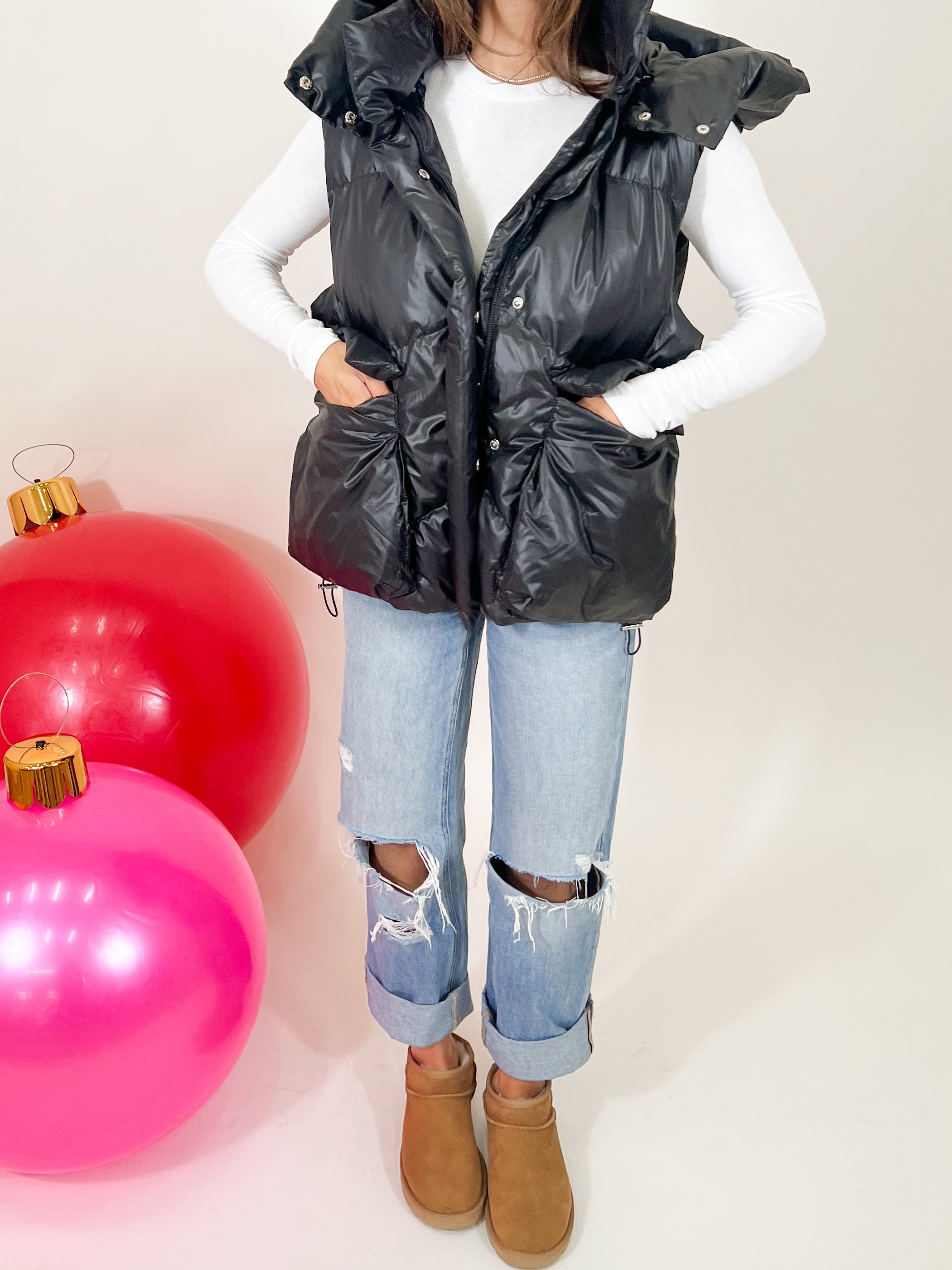 Black shiny puffer clearance vest