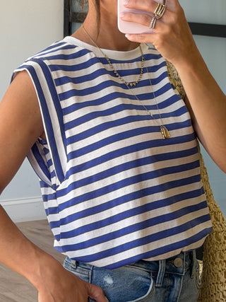 Solstice Muscle Tee | White/Blue | +Plus Available