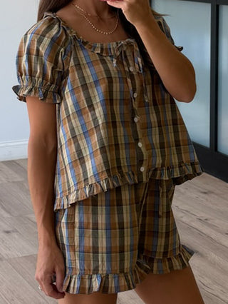 Saddlewood Plaid Puff Sleeve Top