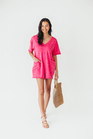 Mineral Wash Casual Romper | Hot Pink