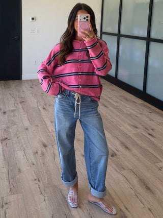Isla Varsity Stripe Cardigan | Cotton Candy
