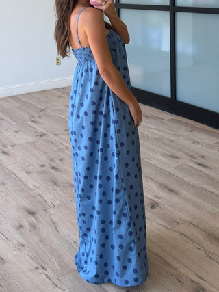 Kaci Polka Dot Maxi Dress | Dusty Blue