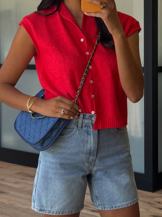 Zuri Button-Front Knit Top | Cherry | RESTOCK