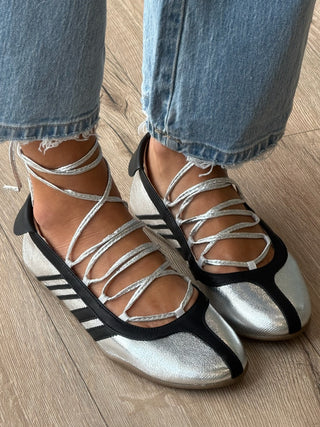Triple Pointe Lace-Up Ballet Flats | Silver