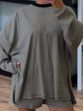 Easy Going Ribbed Stripe Pullover | Black | +Plus Available