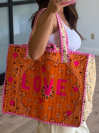 "LOVE" Bandana Quilted Tote Bag | Orange