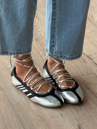 Triple Pointe Lace-Up Ballet Flats | Silver
