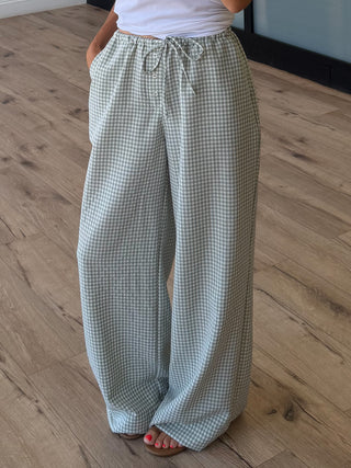 Gingham Leisure Wide-Leg Pants | Light Sage