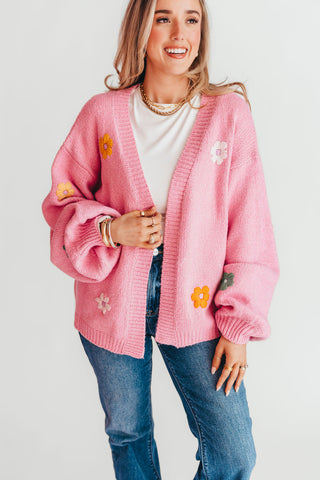 Flower Embroidered Knit Cardigan | Pink