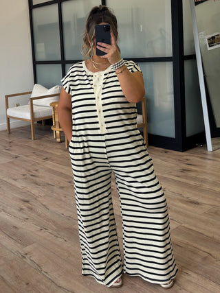 Lia Stripe Jumpsuit | Black/Cream | +Plus Available