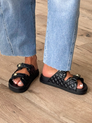 Quilted Velcro Slides | Black