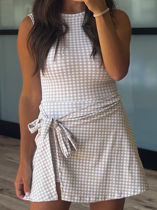Gingham Active Wrap Romper | Beige | RESTOCK