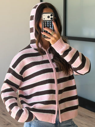 Aylia Zip-Up Knit Hoodie | Blush Truffle