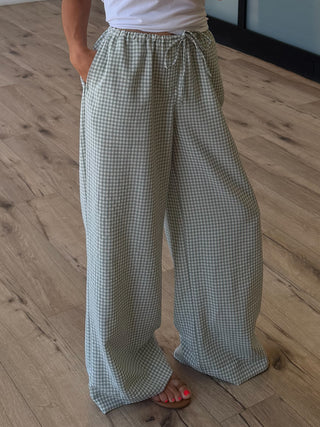 Gingham Leisure Wide-Leg Pants | Light Sage