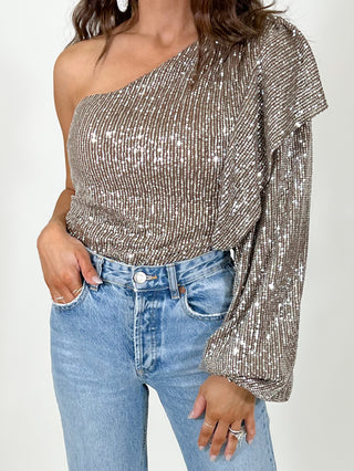 Glitz Puff Sleeve Sequin Top | Mocha | FINAL SALE