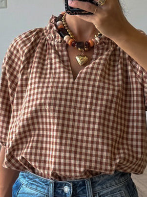 Bodhi Plaid V-Neck Blouse | Caramel