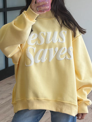 "Jesus Saves" Mock Neck Sweatshirt | Canary